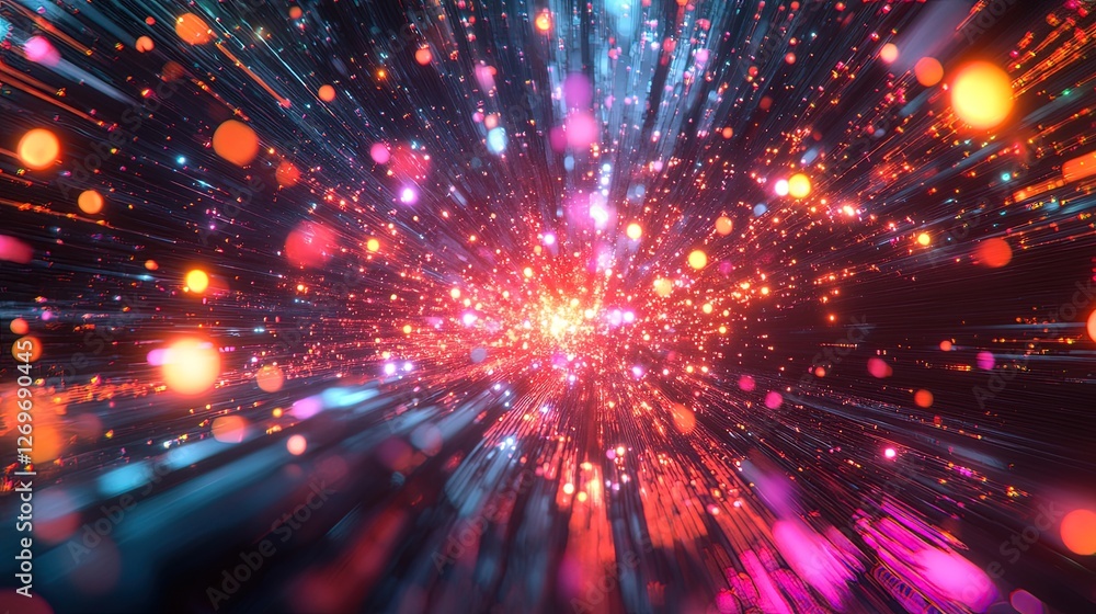Fototapeta premium A high-speed rendering of data packets flowing through glowing fiber optics, vibrant and energetic 