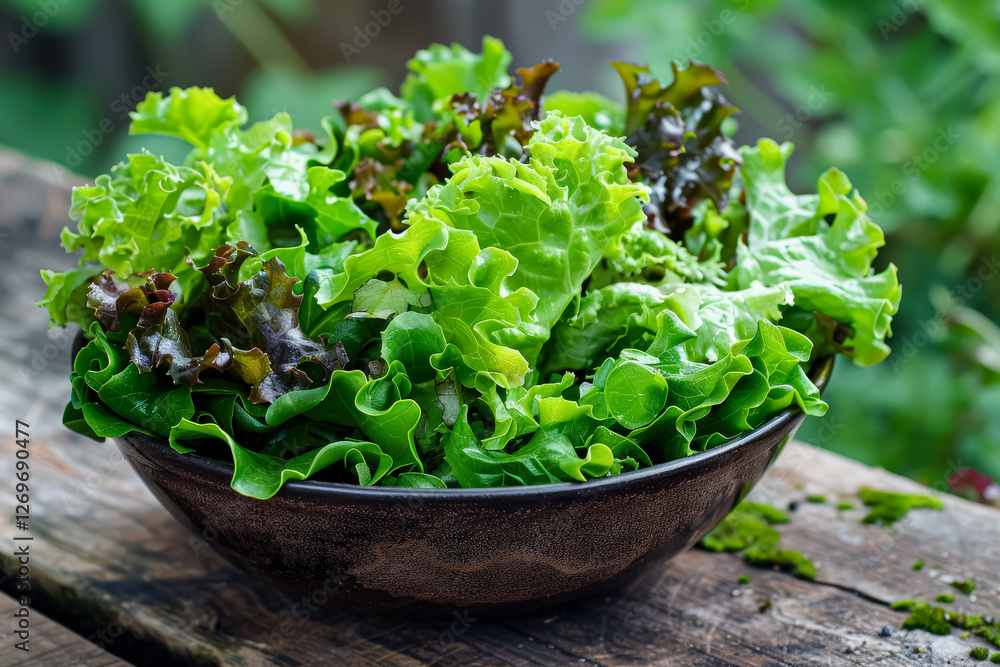 Bowl of green lettuce is on a wooden table Bowl of green lettuce is on a wooden table