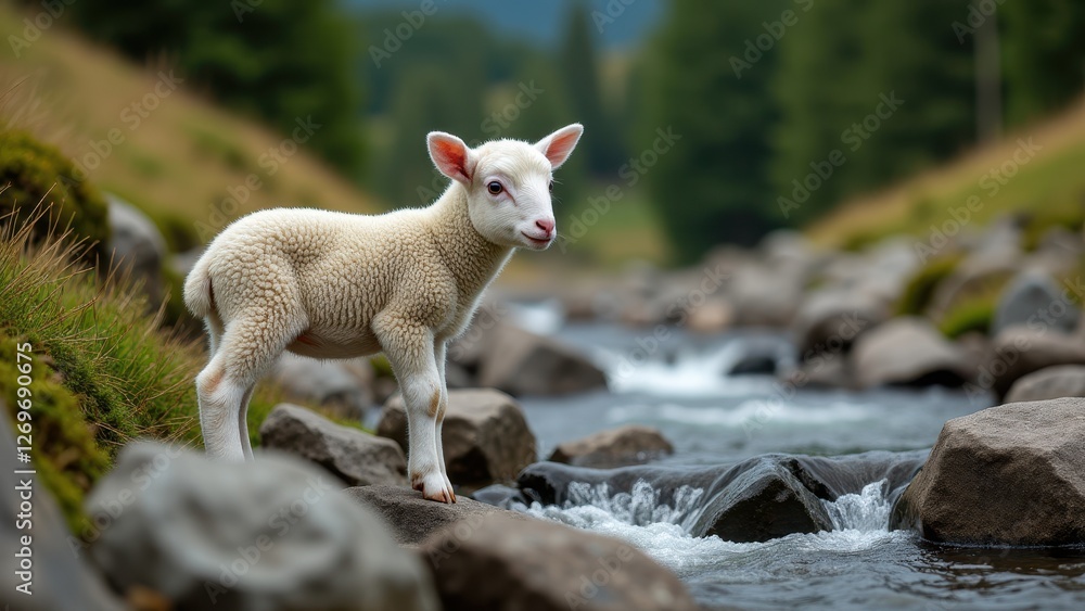 Fototapeta premium Nursing lamb, Nursing lamb by mountain stream and rocks photorealistic
