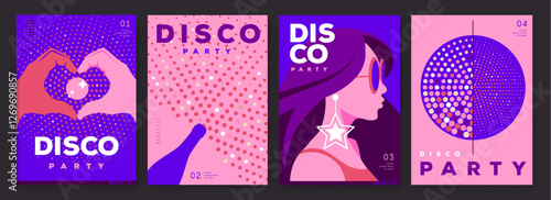 Set of retro disco party posters, covers or banners with disco ball. Disco background. Flat design. Vector illustration