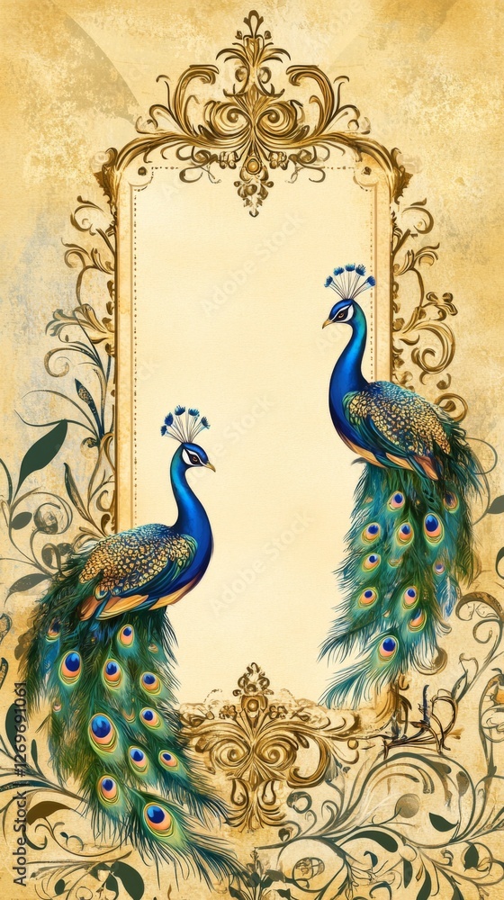 Fototapeta premium Traditional Indian Mughal art inspired Wedding Card Design, Invitation template.