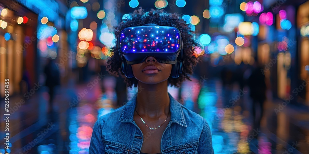 Woman Immersed in Virtual Reality Experience with Headset Amidst City Night Lights Glow Woman Immersed in Virtual Reality Experience with Headset Amidst City Night Lights Glow
