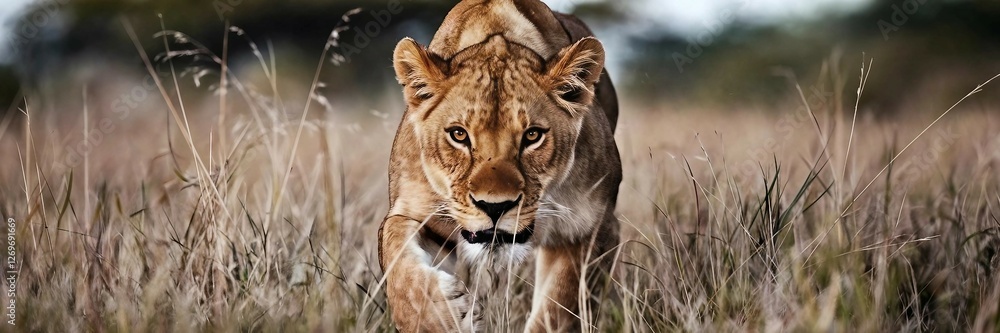 Fototapeta premium Stealthy Fierce Lioness Hunting in Golden Grass with Blurred Savanna Background. 