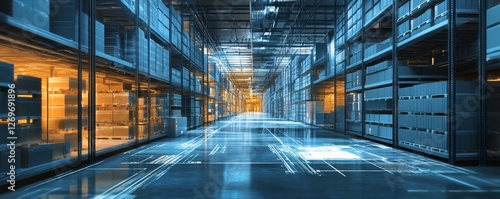 Modern automated warehouse with data flowing through it