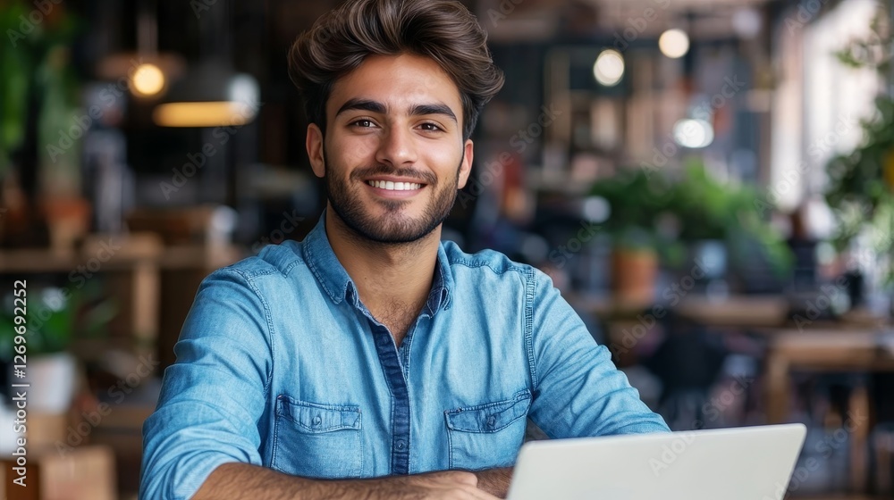 Fototapeta premium Confident Young Professional Smiling at Desk with Laptop, Freelancer Working Remotely in Cafe