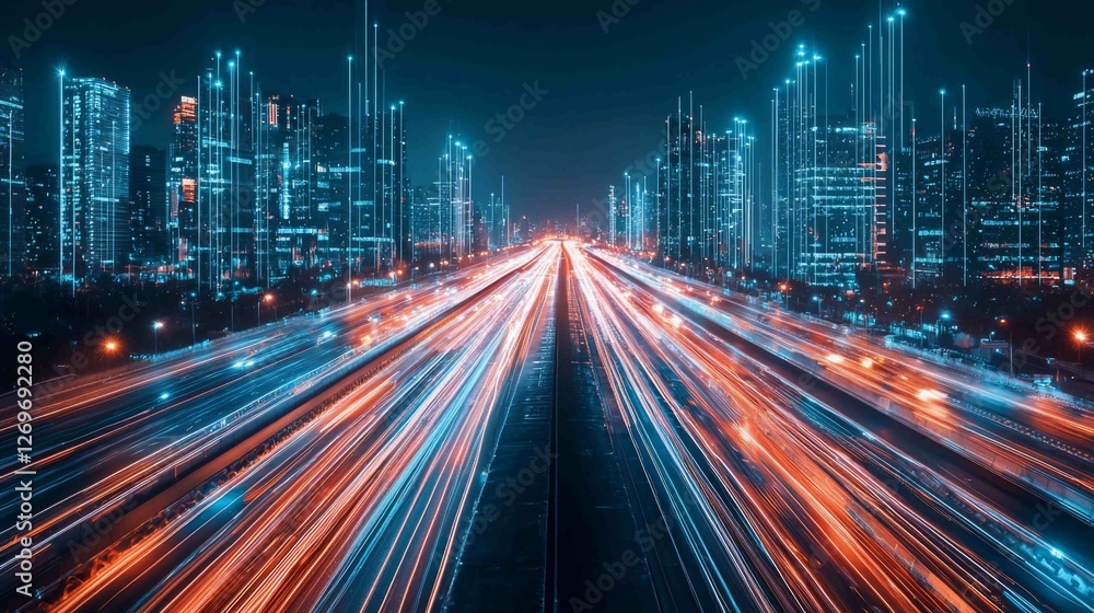 Futuristic Urban Scene with Illuminated Asphalt Roads at Night Futuristic Urban Scene with Illuminated Asphalt Roads at Night