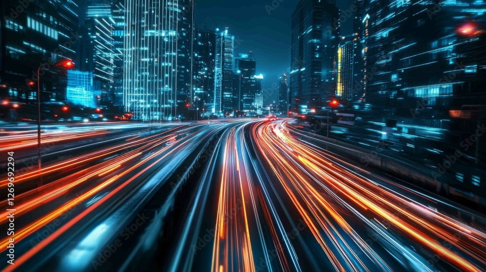 Fototapeta premium Futuristic Cityscape with Illuminated Asphalt Roads at Night