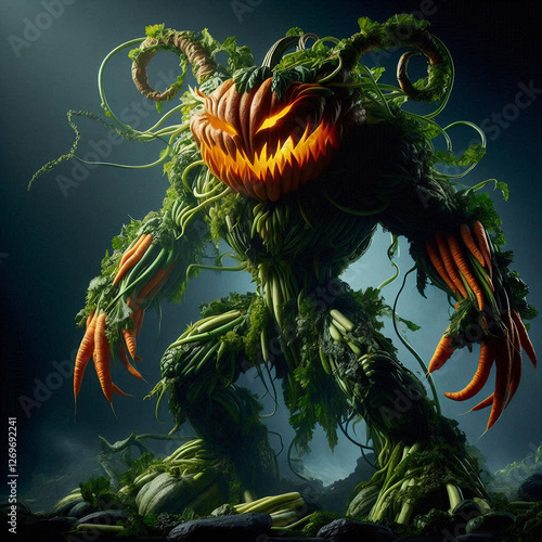 heroic monster assembled from finely detailed vegetables—a robust pumpkin body, carrot horns, and leafy green tendrils photo