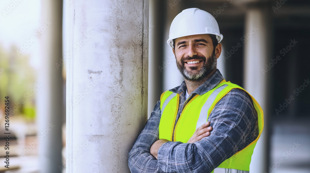 Construction Confidence: A bearded construction worker in a safety vest and hardhat beams with confidence, standing proudly in the midst of a bustling construction site. Construction Confidence: A bearded construction worker in a safety vest and hardhat beams with confidence, standing proudly in the midst of a bustling construction site.