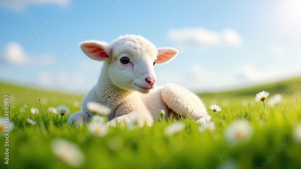 Nursing lamb, Nursing lamb on green meadow with blue sky and wildflowers photorealistic Nursing lamb, Nursing lamb on green meadow with blue sky and wildflowers photorealistic