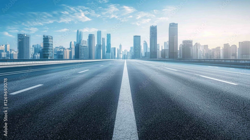 Fototapeta premium Futuristic Urban Setting with Sleek Paved Road and Modern Skyline