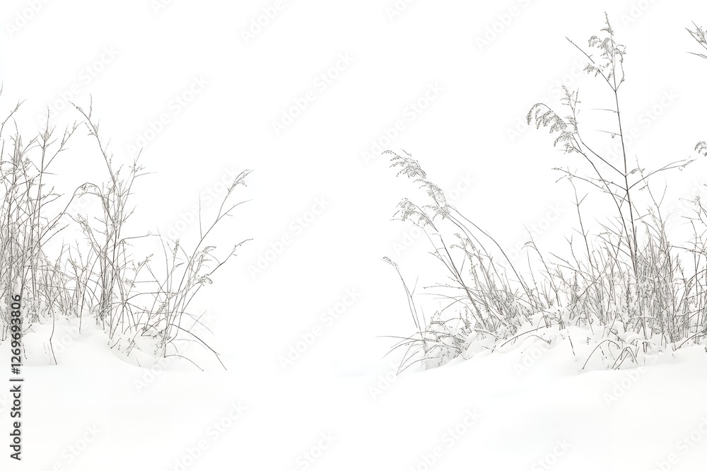 Winter Landscape Snow Covered Grass Minimalist Nature Scene White Background Winter Landscape Snow Covered Grass Minimalist Nature Scene White Background