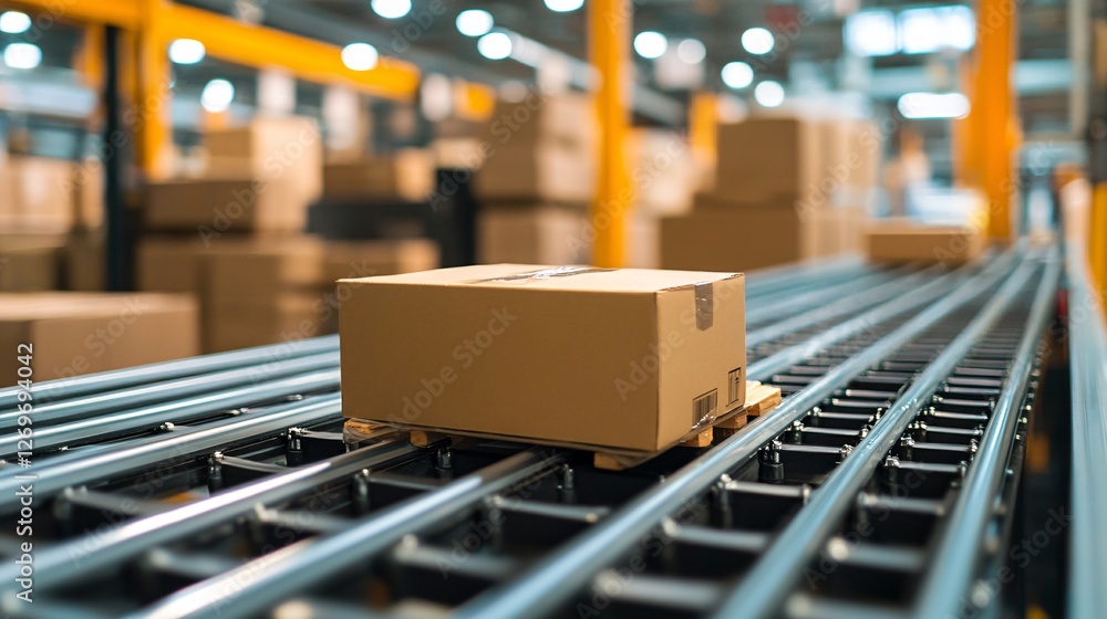 Cardboard box moving on conveyor belt in distribution warehouse Cardboard box moving on conveyor belt in distribution warehouse