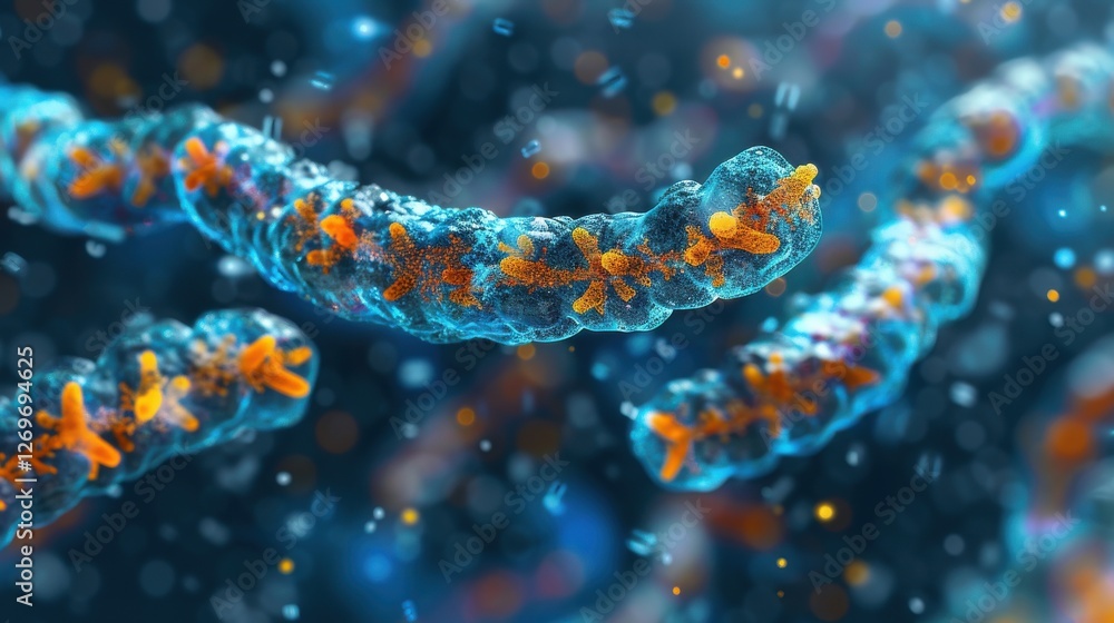 Intricate Close-Up View of Colorful Microbes and Bacteria with Vibrant Blue Background in Scientific Environment Intricate Close-Up View of Colorful Microbes and Bacteria with Vibrant Blue Background in Scientific Environment
