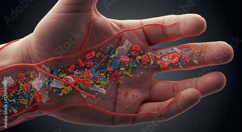 Microplastics and Blood Cells Flowing Through a Human Hand Illustration