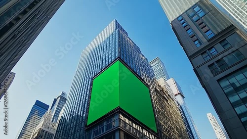 Green screen billboard, city skyscrapers, sunny day, advertising mockup