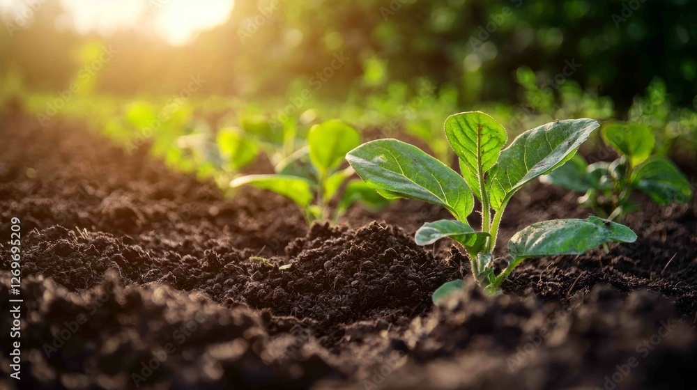Fototapeta premium Close-Up of Rich Dark Soil with Young Plants in Sunlit Field