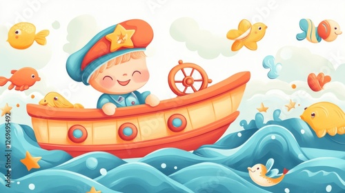 Adorable Sailor Boy on a Joyful Voyage: A Whimsical Ocean Adventure with Colorful Fish and Stars