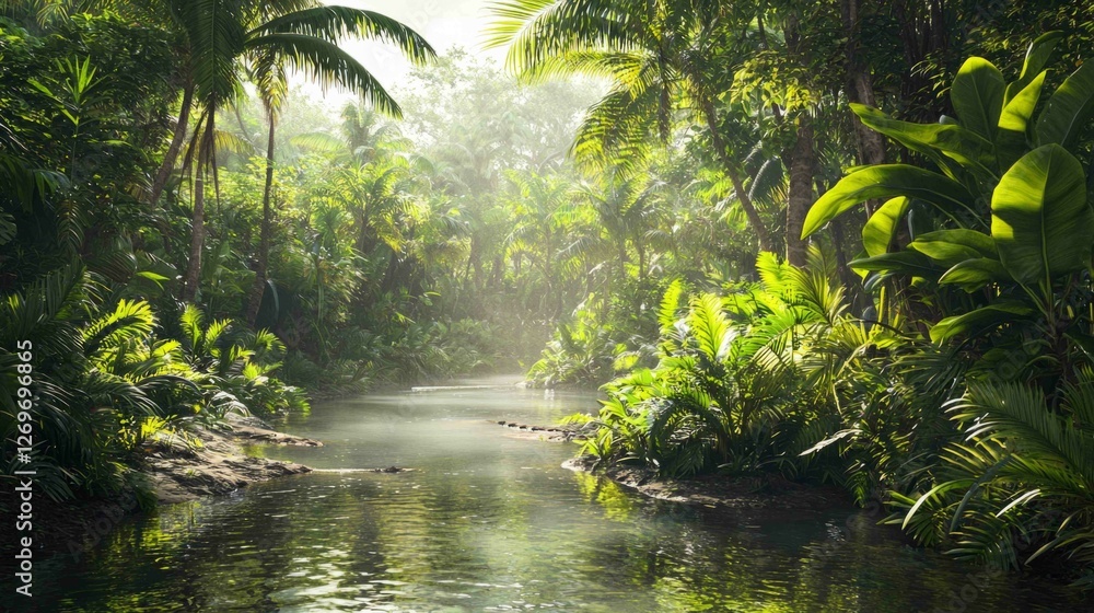 Lush Tropical Landscape with Dense Jungle and Tranquil Waterway Lush Tropical Landscape with Dense Jungle and Tranquil Waterway