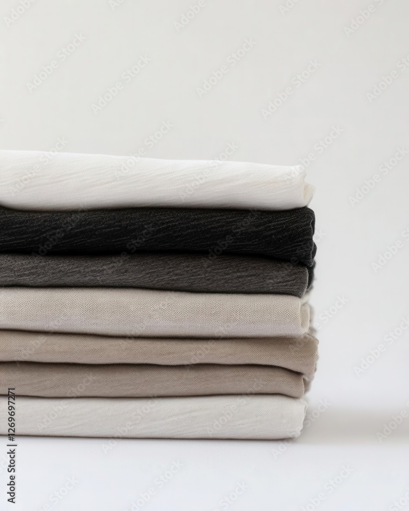 Neatly Folded T-Shirt Stack on White Background for Laundry and Clothing Brand Campaigns Neatly Folded T-Shirt Stack on White Background for Laundry and Clothing Brand Campaigns