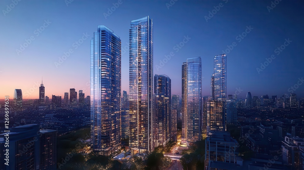 Fototapeta premium Nighttime Panorama of Modern High-Rise Buildings in Vibrant City Center