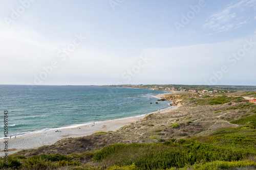 Capo San Marco beach in Europe, Italy, Sardinia, Cabras, in summer, on a sunny day.