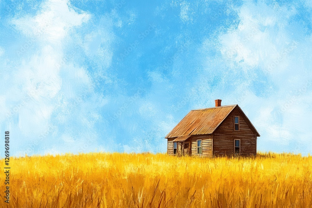Paint-Like Illustration of Wooden House Surrounded by Summer Rural Fields Paint-Like Illustration of Wooden House Surrounded by Summer Rural Fields