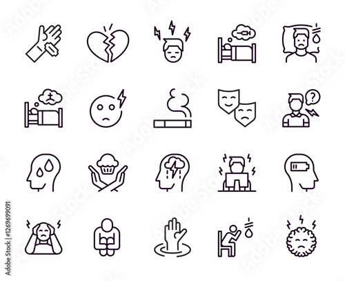 Anxiety icons. Mental health. Depress pictograms. Bad lonely and disorder. Brain issue. Mind problem. Insomnia and headache. Broken heart. Cigarette smoking. Vector line symbols set