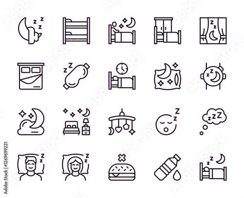 Insomnia icons. Sleep line pictogram. Night nap. Bed with pillow and blanket. Outline slumber sign. Sleeping pill. Comfortable bedroom. Sky stars and moon. Vector bedtime symbols set