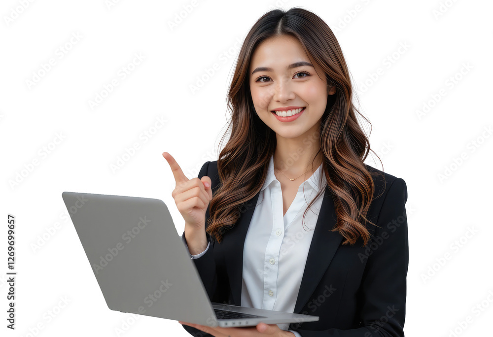 businesswoman with a laptop and pointing at copy space on transparent PNG background. businesswoman with a laptop and pointing at copy space on transparent PNG background.