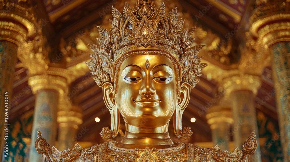 Fototapeta premium Majestic Golden Statue with Intricate Crown and Serene Expression