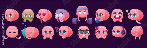 Cartoon brain. Cute emotion work character mascot, funny sport or brainy mind emoji. Memory symbol, intelligence emoticon. Education and knowledge sign. Stickers vector flat isolated icon
