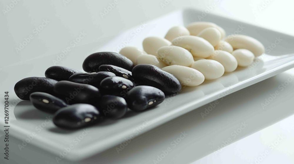 Minimalist Close-Up of Black and White Beans on Plate Minimalist Close-Up of Black and White Beans on Plate