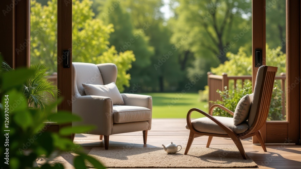Fototapeta premium Sick person resting, Garden view plush armchair teapot