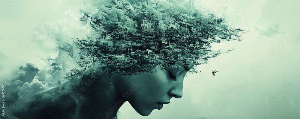 Woman contemplating with cloudy forest forming from head Woman contemplating with cloudy forest forming from head