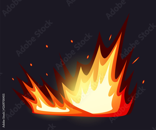 Fire explosion. Flame explode burst. Weapon boom effect with bright flash and blaze sparks. Bomb detonation. Destruction power. Magic bang. Hot sparkle. Vector explosive comic element