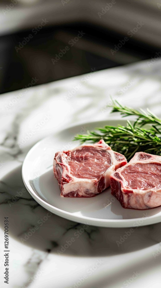 Minimalist Composition of Raw Meat with Fresh Herbs on a Plate Minimalist Composition of Raw Meat with Fresh Herbs on a Plate