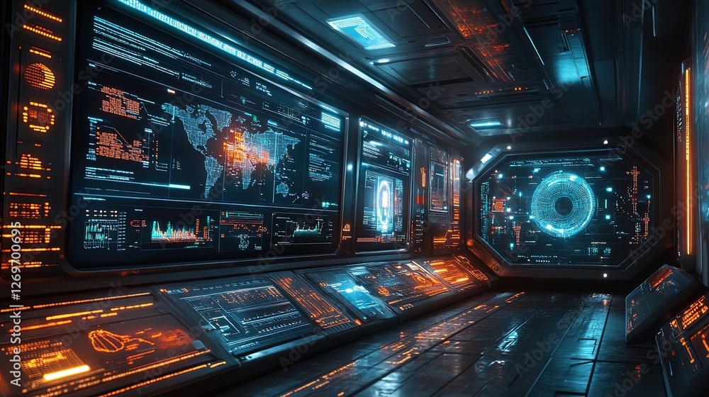 A futuristic environment of glowing analytical panels tracking global trends, immersive and sharp A futuristic environment of glowing analytical panels tracking global trends, immersive and sharp