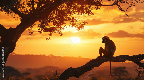 Baboon monkey sitting on tree branch at sunset in african savannah, capturing the tranquil beauty of wildlife and nature.