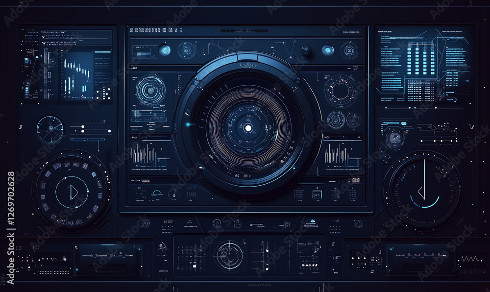 Obraz premium Control panel with various knobs, dials, and a circular display in a dark, futuristic design.