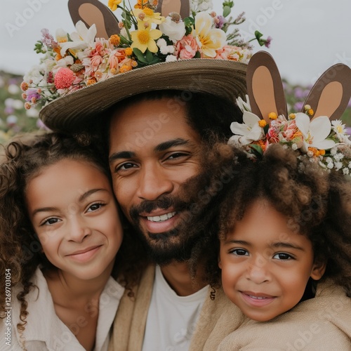 A joyful Black family enjoys Easter together, wearing flower-adorned hats and bunny ears, surrounded by blooming flowers in springtime photo