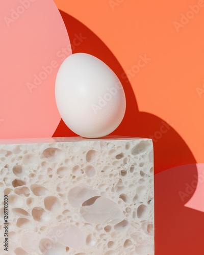 A simple white egg is balanced on a porous surface against a bright, colorful backdrop during Easter celebrations photo