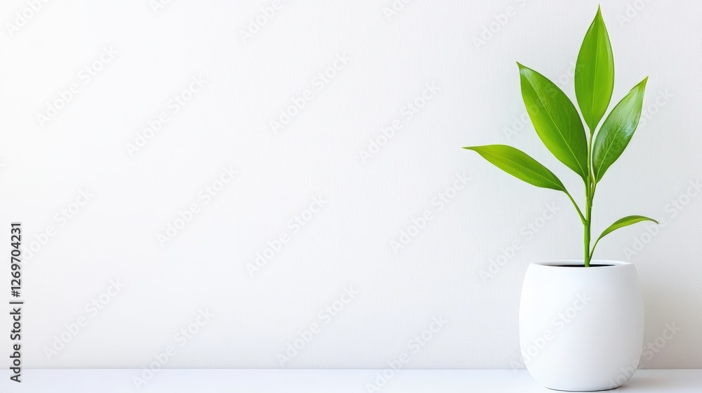 A minimalistic image featuring a green plant in a sleek white pot against a light background, perfect for themes of nature, wellness, home decor, or interior design A minimalistic image featuring a green plant in a sleek white pot against a light background, perfect for themes of nature, wellness, home decor, or interior design