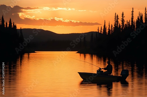 Serene Fishing at Sunset | Angler in a Boat on a Calm Lake