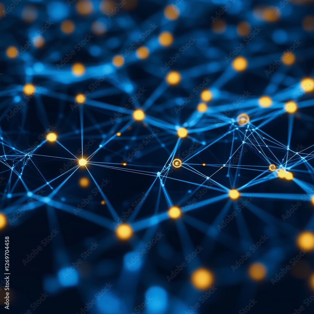 Blue network with glowing nodes depicting digital connectivity and data exchange Blue network with glowing nodes depicting digital connectivity and data exchange