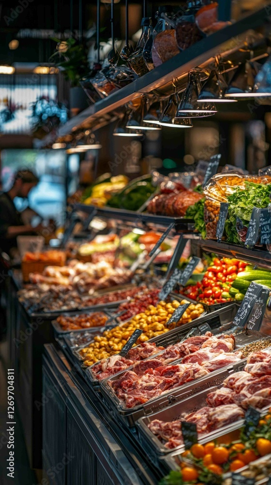 Obraz premium Colorful Modern Market Scene Featuring Fresh Meat and Produce