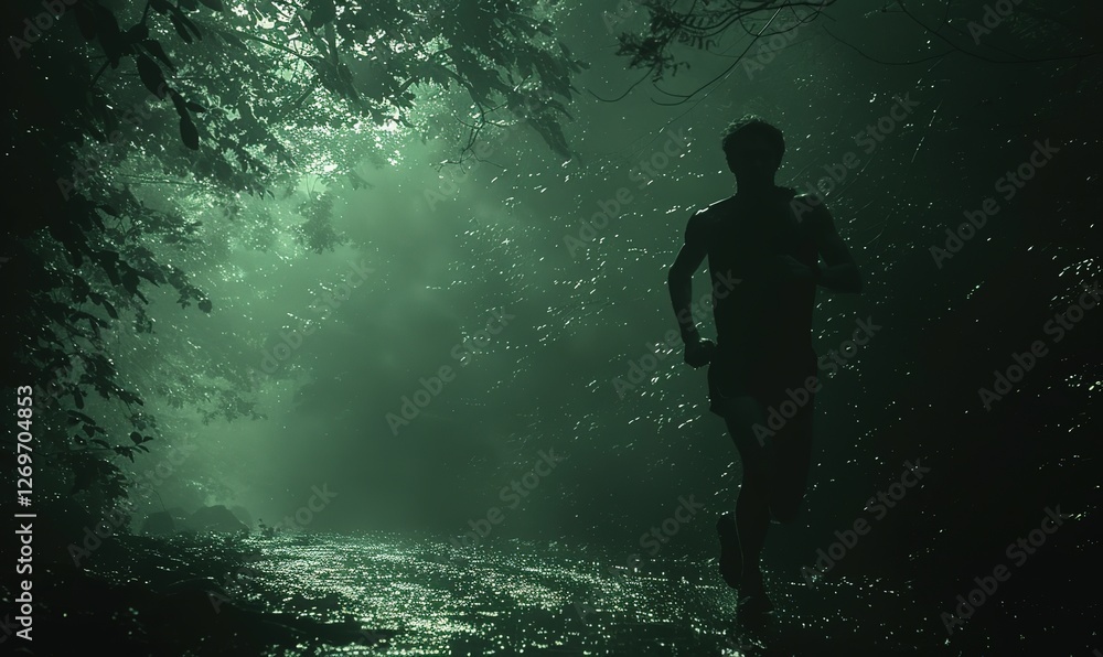 silhouette of a man running through the forest in the morning silhouette of a man running through the forest in the morning
