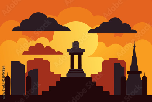 city skyline with sunset