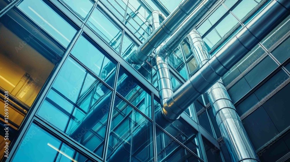 Modern Industrial Building with Exposed Air Pipes and Glass Facade Modern Industrial Building with Exposed Air Pipes and Glass Facade