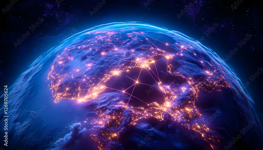 Obraz premium Global Network of Cities from Space. Possible use for educational material or presentations on international communication
